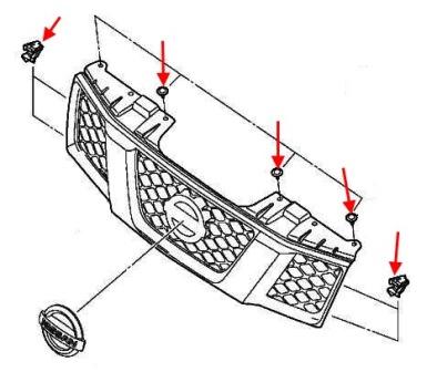 scheme of fastening of the radiator grille Nissan Pathfinder (2005-2014)